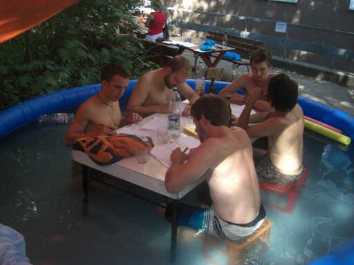 Five people studying in the pool